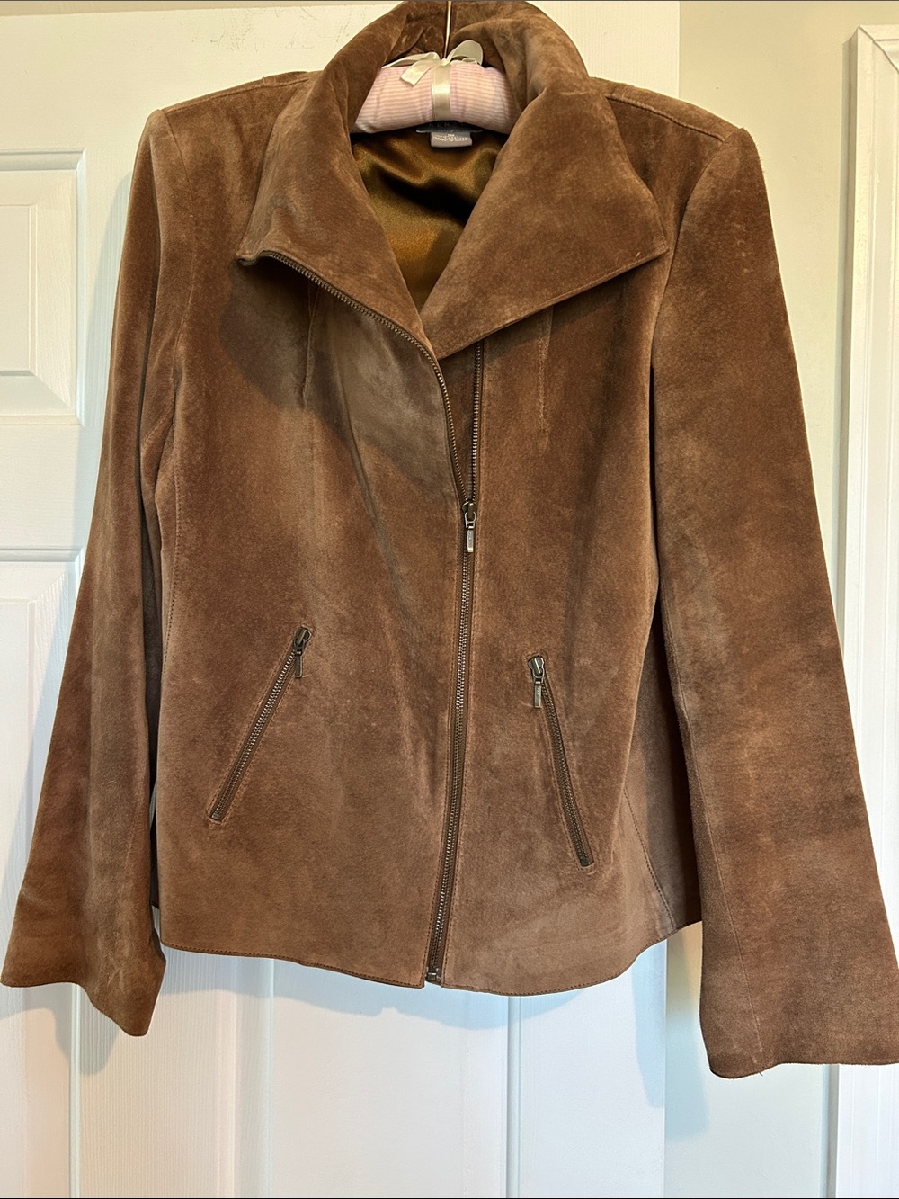 Kenar Women's Brown Suede Angled Zip-Front Leather Jacket Sz10